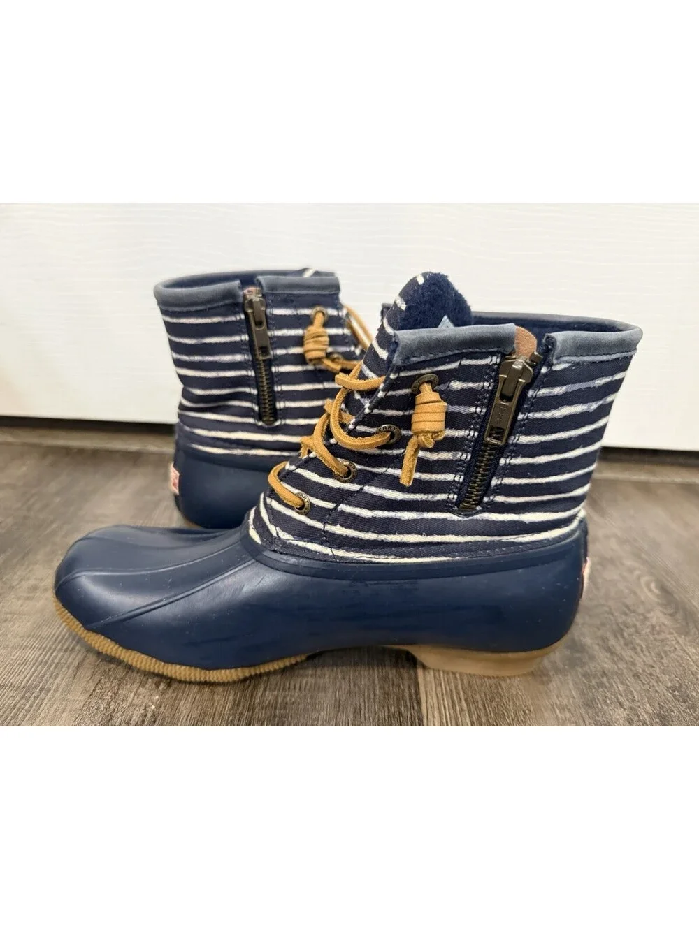 Sperry Saltwater Duck Boots Women’s Size 7 Navy Rubber Stripe Canvas Waterproof